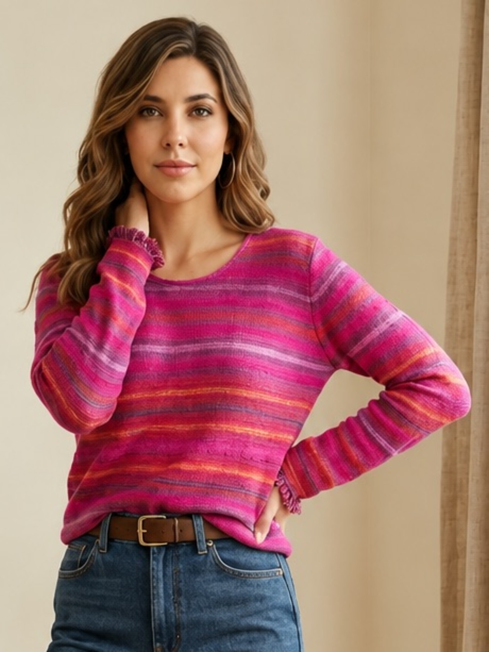 Sigrid Olsen Sport Vintage Striped Knit Fringe Cuff Sweater Pink Orange M